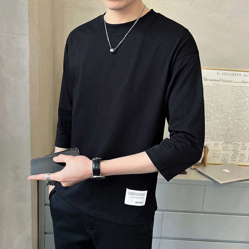 痞帅夏天纯色衣服七分袖男款