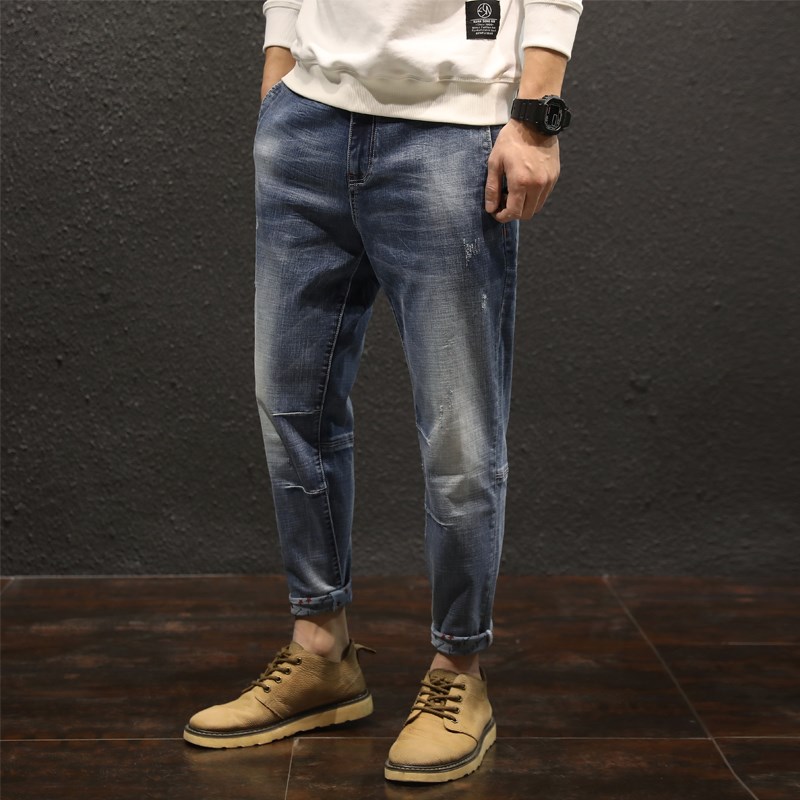 潮牌春夏新款九分裤男哈伦裤宽松小脚牛仔裤加肥加大码胖子裤潮男