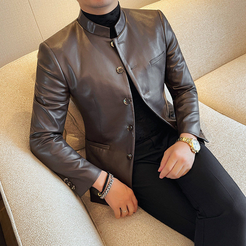 轻奢立领皮衣外套男款小西装新款新中式男装高级感复古休闲皮西服