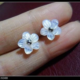 手工银 曼谷银 镀白金五月花母贝贝壳花耳钉1cm 925纯银 泰银