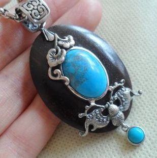 正品 手工 蓝松石木云蝙蝠女项吊坠6.35 925纯银 泰银