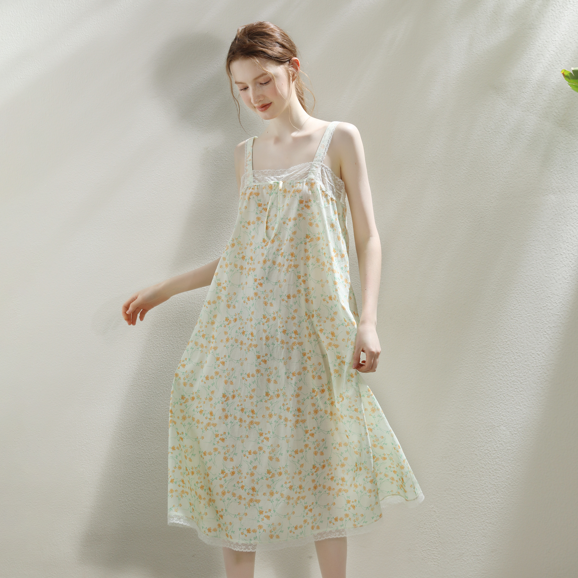 精梳纯棉蕾丝甜美印花蕾丝少女吊带睡裙女夏季2023新款性感睡衣