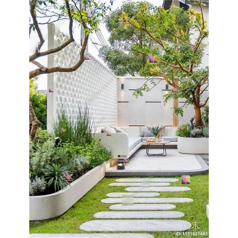 5518现代私家庭院 别墅花园 清新花园 庭院景观 卡座 景墙SU模型