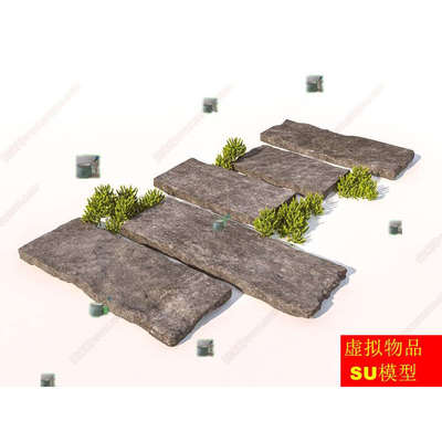 草图大师 SU模型 现代老石板铺地园路自然石青石板踏步