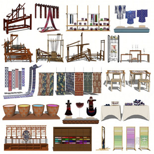 草图大师SU模型 中式织布机染布工坊染缸晒布架桌椅柜子染布