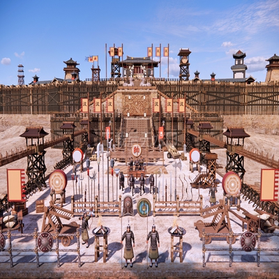 草图大师 SU模型 场景古代器材冷兵器军寒刀枪箭弩点将台擂鼓军寨