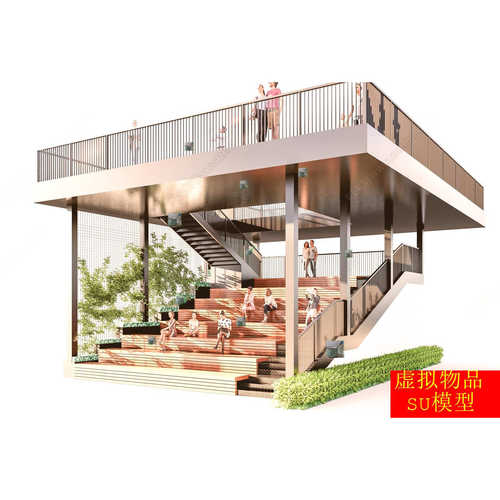 草图大师SU模型台阶景观户外楼梯座椅垂直绿墙户外金属楼梯挑台
