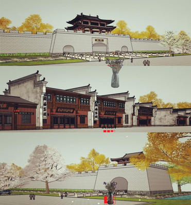 古建筑SU模型古城古镇街道旅游景区商业街徽派古城墙城门城楼景观