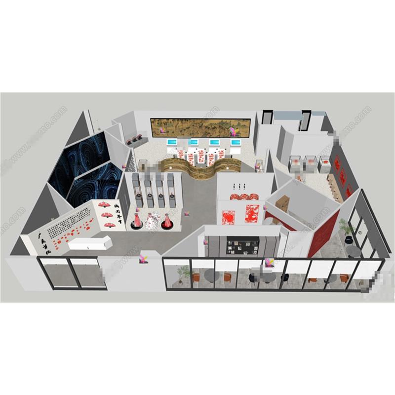 2973 新中式剪纸文化展厅 展馆展示场景布置 摆件装饰 贴纸SU模型