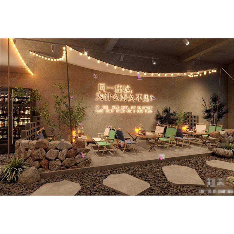 5152工业风露营烧烤店 餐饮店大排档 帐篷灯带桌椅装饰摆件SU模型