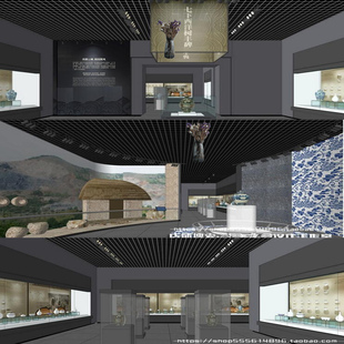 中式仿古建筑SU模型博物馆展览馆展桌陶瓷展柜展台室内工装场景