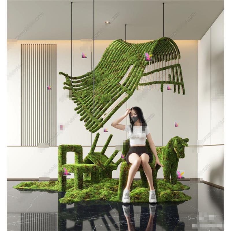 5576现代室内景观造景 庭院小品 植物堆 苔藓 苔藓造型 SU模型