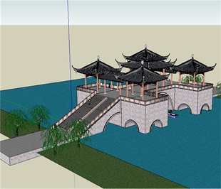 SU0288 sketchup模型库 SU模型 中式古式精细景观桥 五亭桥 19M