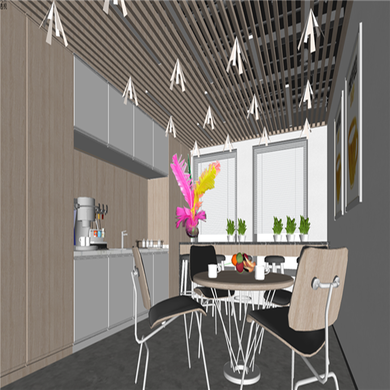 草图大师0159 现代办公区茶水间 厨房 餐桌椅 橱柜盆栽挂画SU模型