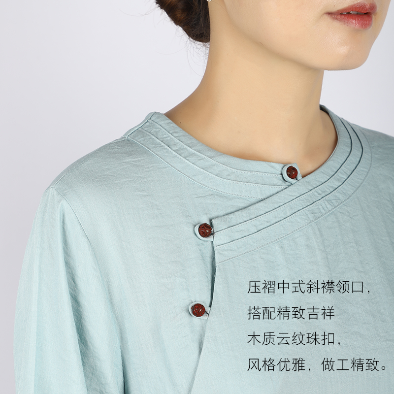 夏季短袖连衣裙棉麻复古民族风长款凉爽透气宽松墨绿中式斜襟长裙