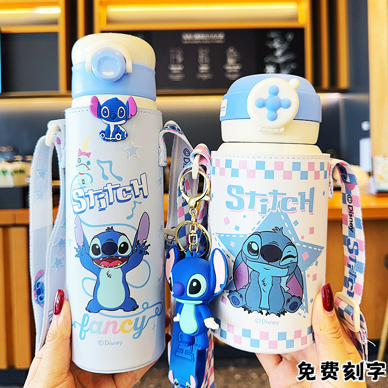 迪士尼史迪奇儿童保温杯幼儿园学生316钢可爱吸管双饮带杯套水壶