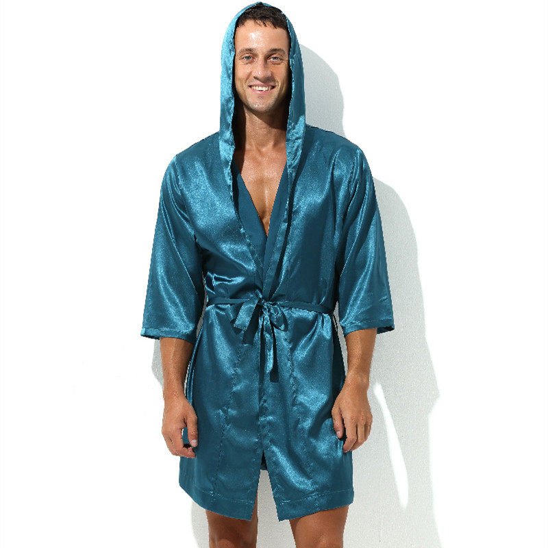 VAN KAZ MENS BATHROBE YOUTH FASHION SEXY SOLID COLOR MID LENGTH LOOSE THIN STRAP SILKY THIN PAJAMAS SUMMER