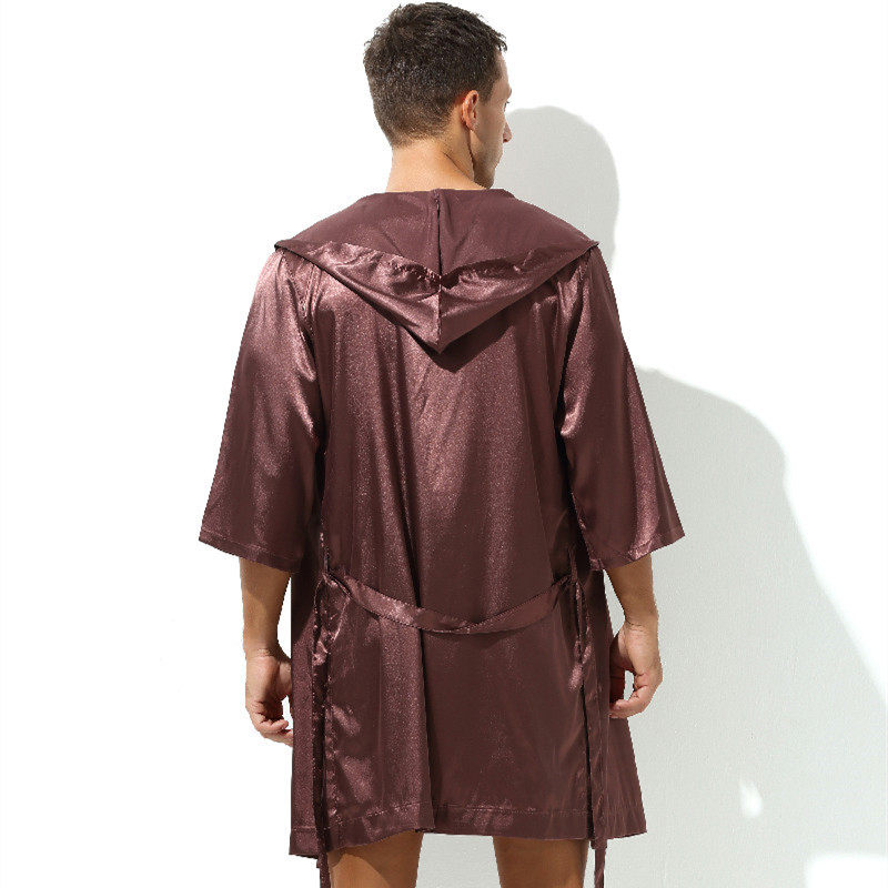 VAN KAZ MENS BATHROBE YOUTH FASHION SEXY SOLID COLOR MID LENGTH LOOSE THIN STRAP SILKY THIN PAJAMAS SUMMER