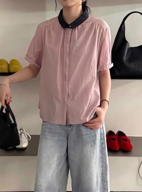 D壹欧货新款韩版时尚翻领拼色宽松显瘦百搭短袖天丝衬衫女上衣潮