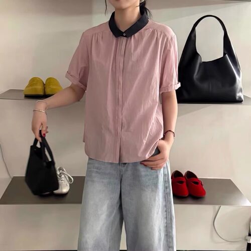 D壹欧货新款韩版时尚翻领拼色宽松显瘦百搭短袖天丝衬衫女上衣潮