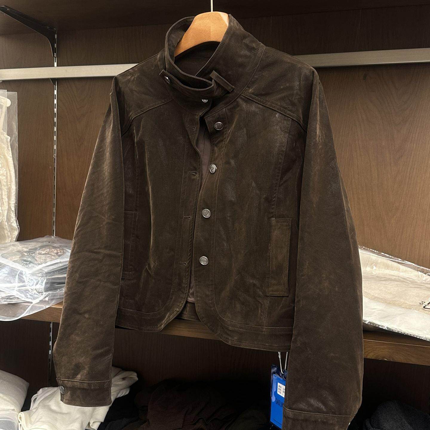 实体女装咖立领做旧皮夹女6202秋季新款单排扣机车风显瘦短外套上