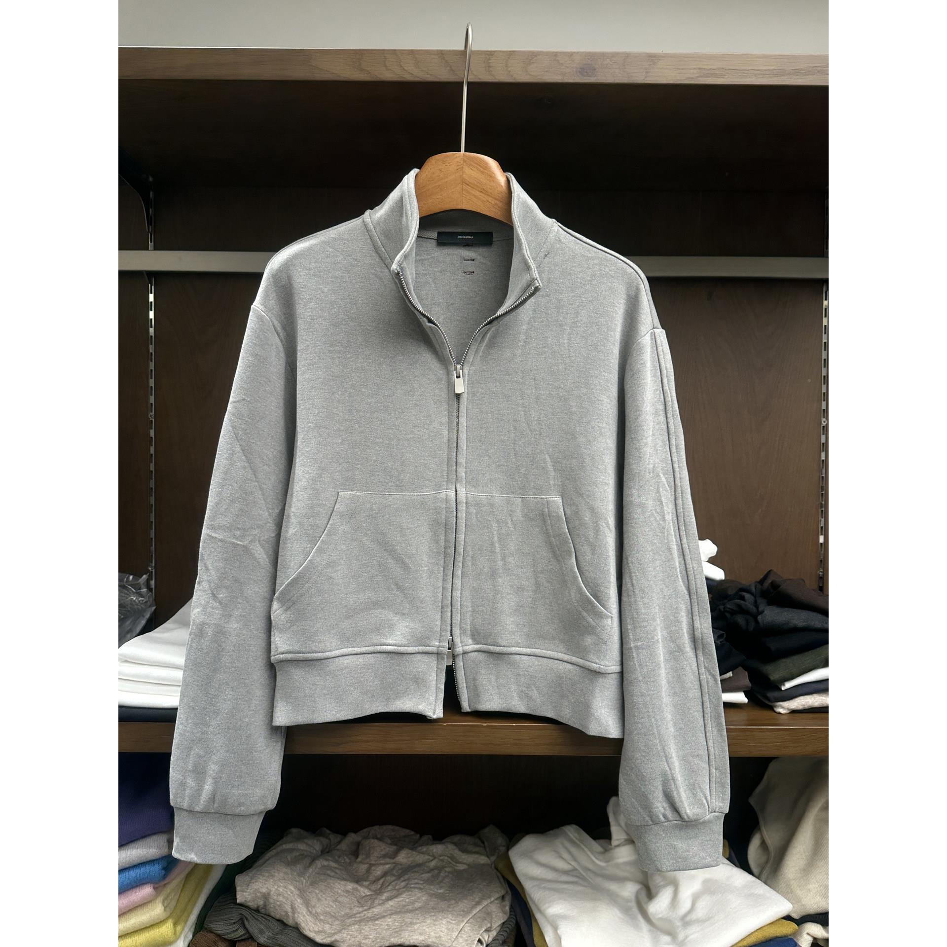 实体女装高级感浅灰领拉链弛开衫卫衣潮落肩口设计松感春秋百搭袋