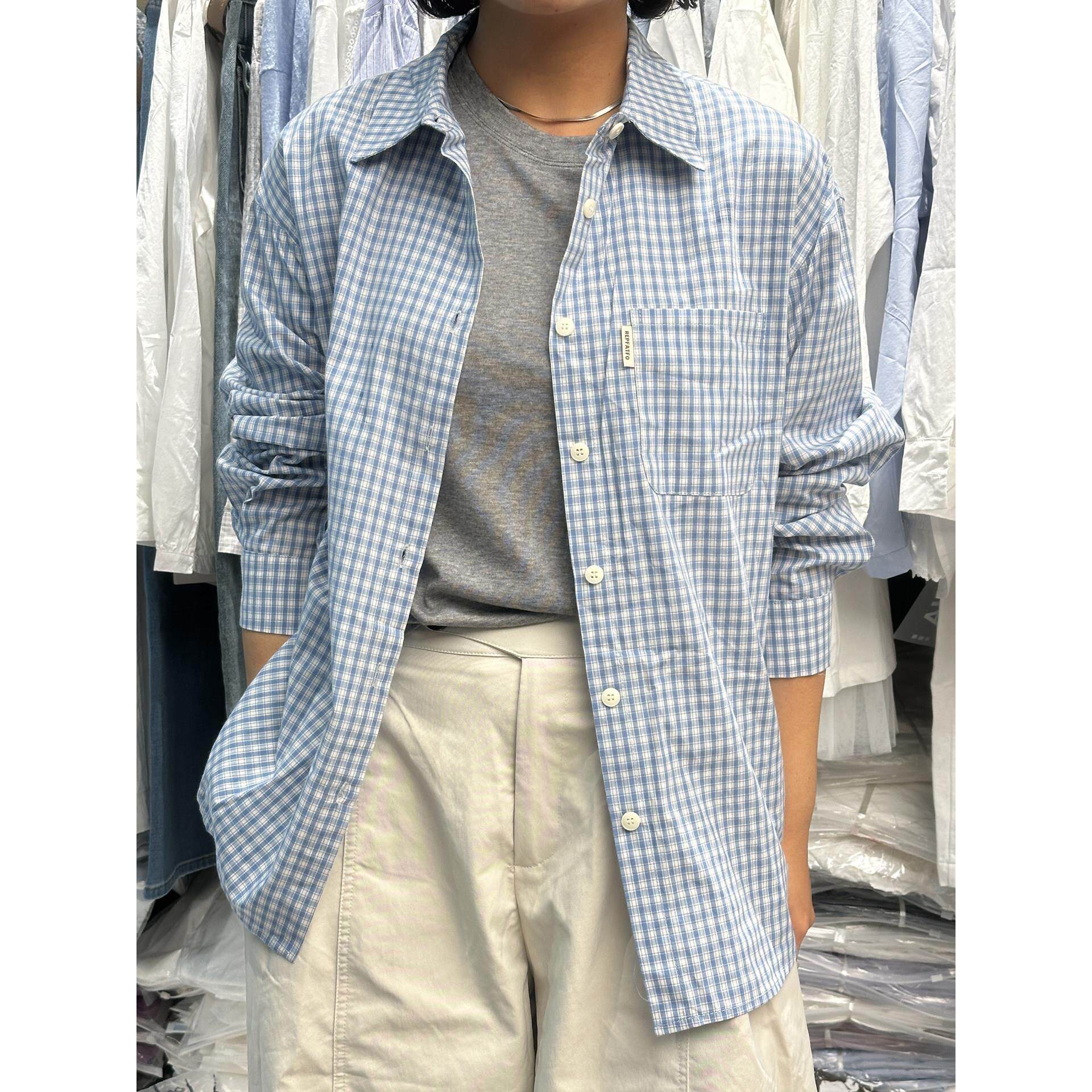 学院风蓝白色格女子b欧f风休闲衬衫全棉春85009款长袖货薄款开衫