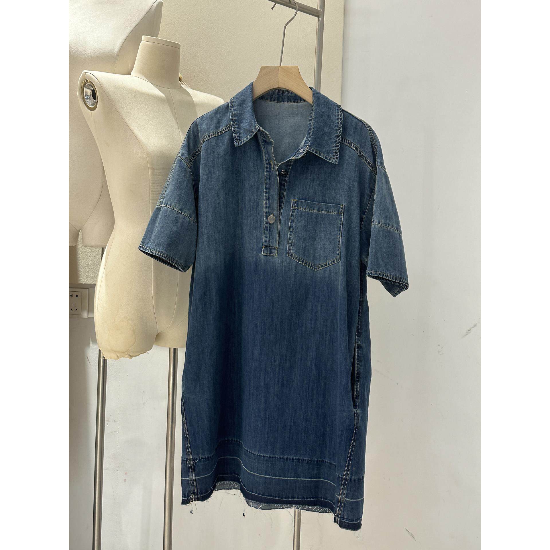 实体女装美式复牛仔袖短裙潮Po古o短领半开襟宽松显瘦l夏季做旧毛