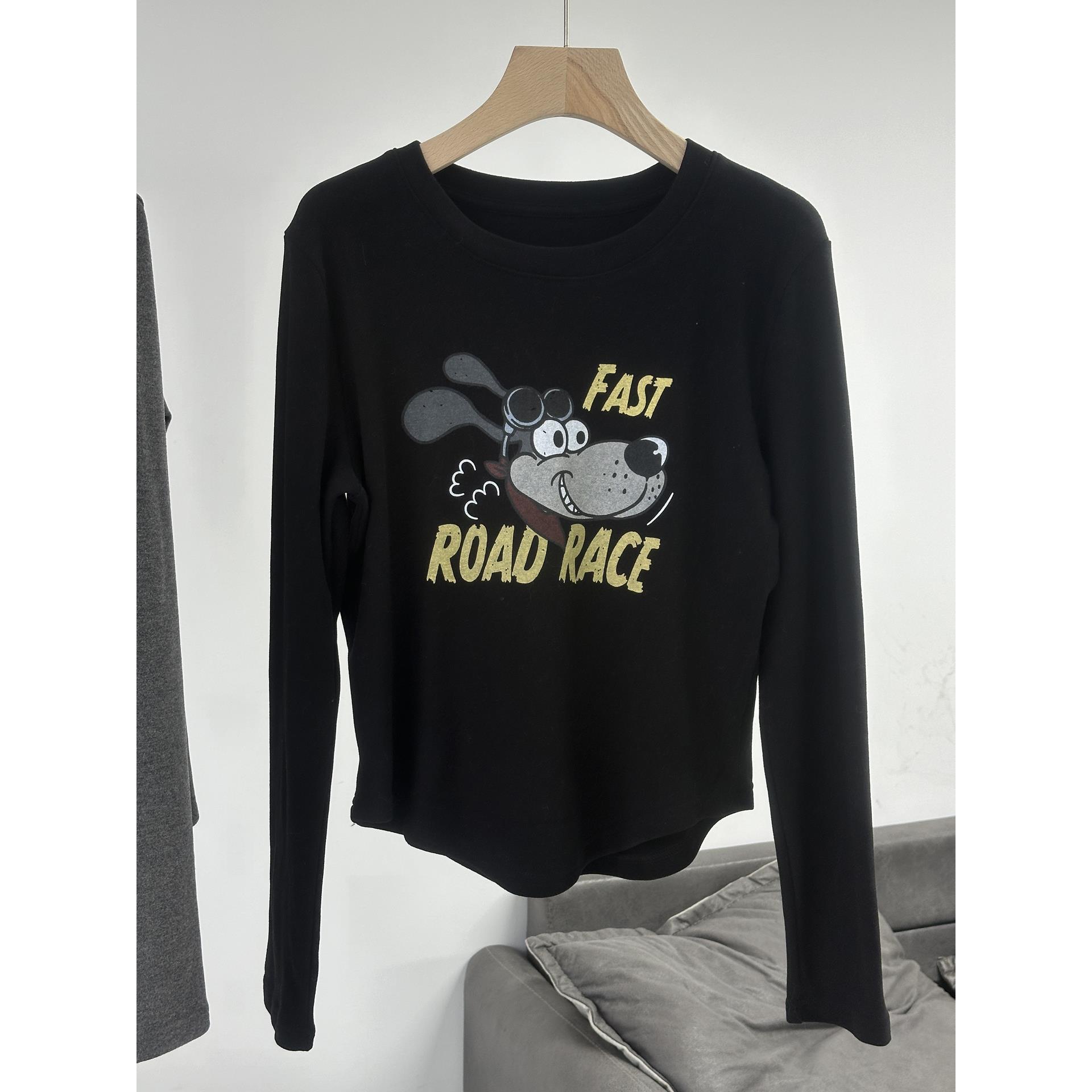 欧韩女装卡通可爱风小个子短款弧形边印花长袖T恤潮灰色字母打底