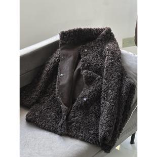 长袖 立领羊卷毛深咖色中长款 气 韩系厚重皮毛一体外套 欧韩女装