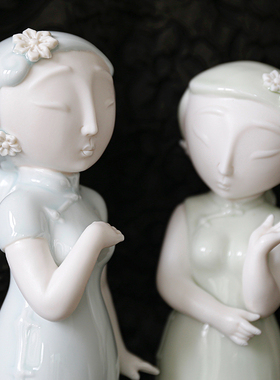 手工陶瓷旗袍人偶书柜摆件满包邮