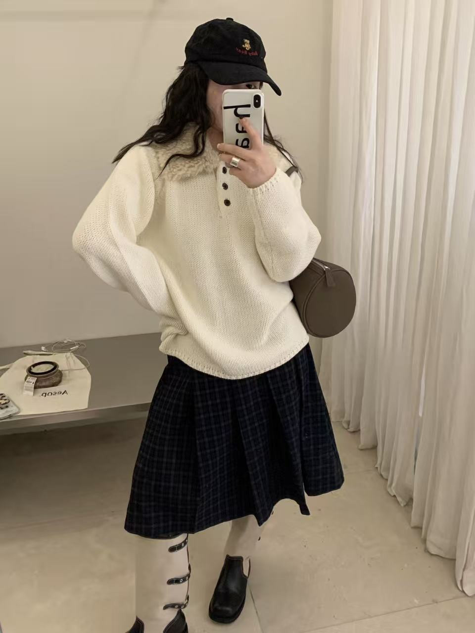 韩系翻领毛毛领套头针织衫女