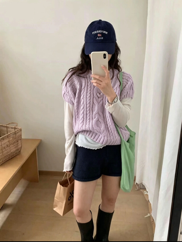 韩系圆领粗线麻花短袖套头毛衣女