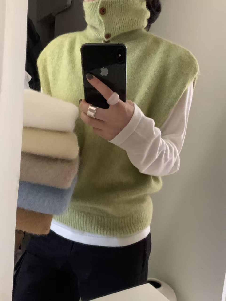 韩系纯色高领纽扣叠穿拉毛马甲女