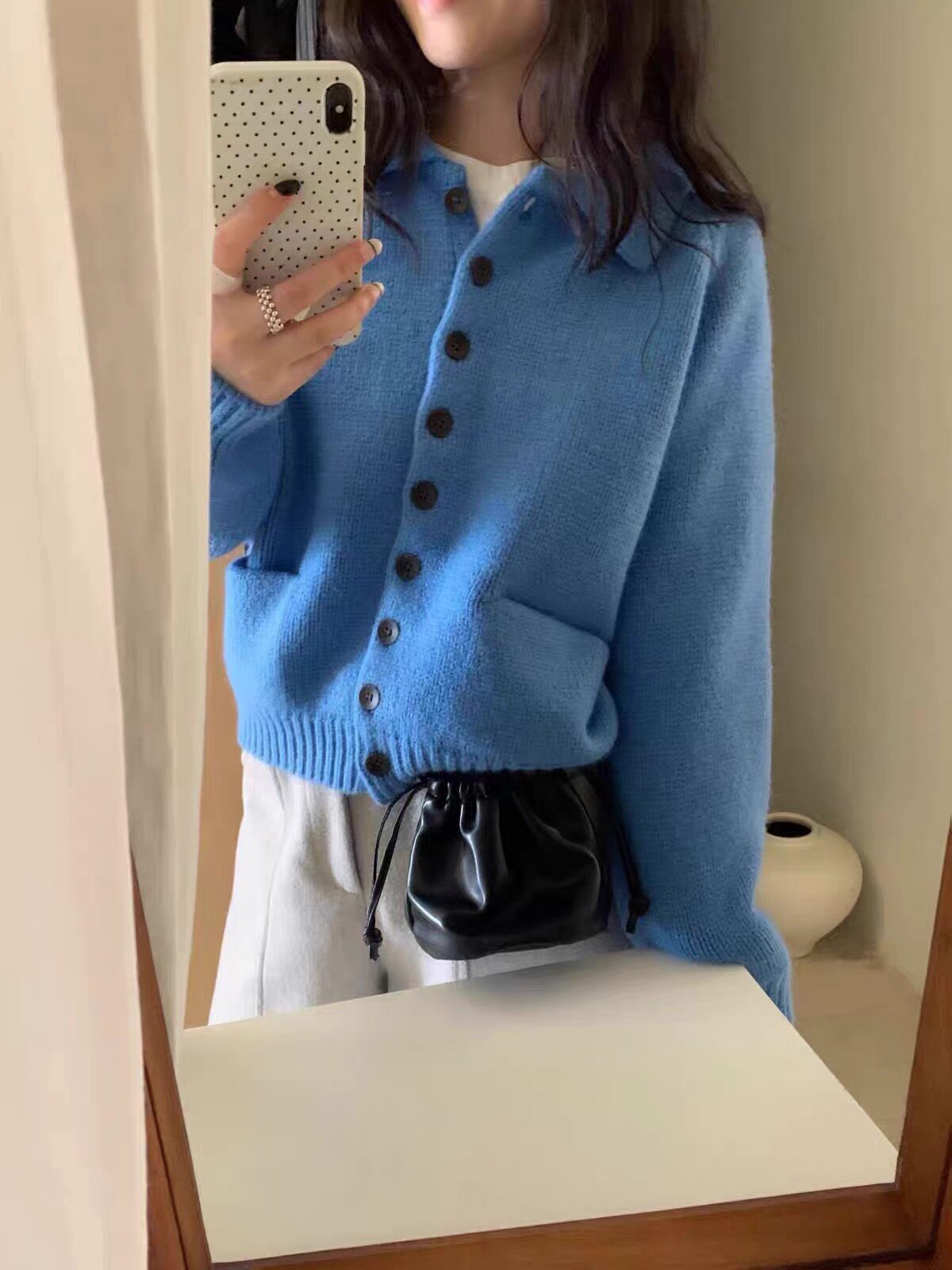 韩系蓝色翻领纽扣针织马甲背心女