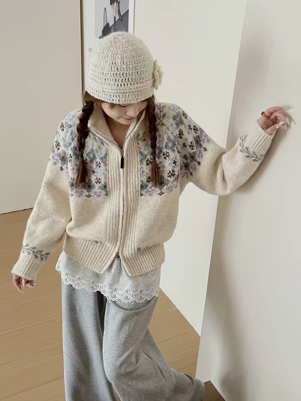 韩系复古提花立领拉链毛衣开衫女