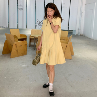 大吹女DCN极简圆领纯色舒适透气宽松拼接百褶设计少女显白连衣裙