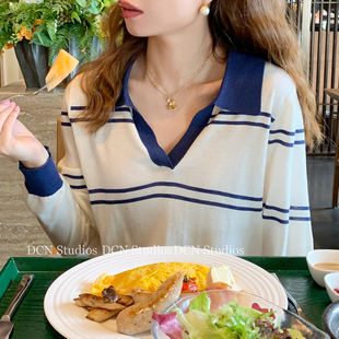 针织上衣 宝蓝色复古条纹清甜柔软长袖 大吹女 小众翻领法式