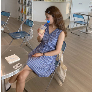 大吹女DCN 连衣裙小个子 去海边吧 蓝色小v领清新蓝格子收腰短款