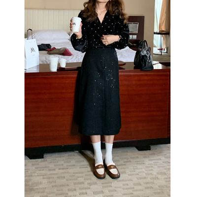 复古中长半裙午夜繁星亮片铅笔裙