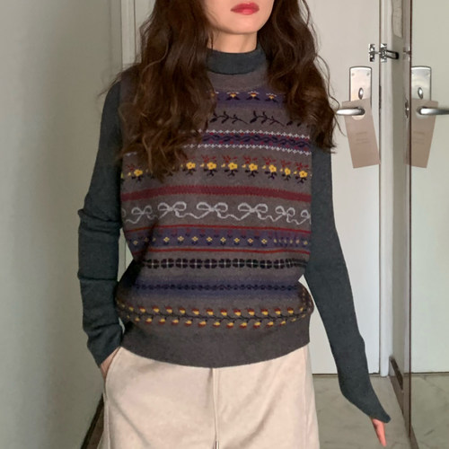 提花马甲堆堆领针织衫两件套上衣