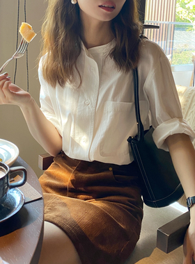 大吹女/秋 日式进口高支暗纹棉复古法式立领长袖高质感白衬衫女