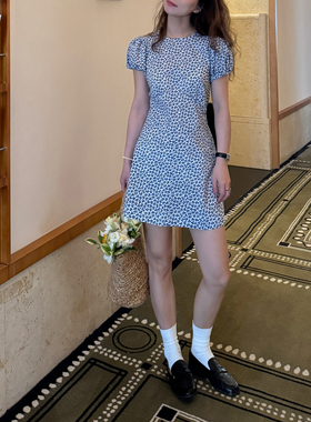 大吹女DCN 阿维尼翁的夏日 法式蓝复古碎花直角肩修身丝绵连短裙