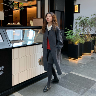 大吹女| 高品小翻领双排扣羊毛尼大衣外套中长款千鸟格拼色双面呢