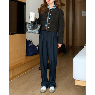 长阔腿裤 挺括线条藏青西装 私服bi入敲显瘦高腰复古法式 大吹女