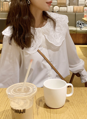 大吹女   春夏法式白色山茶花蕾丝娃娃领复古白色刺绣长袖衬衫