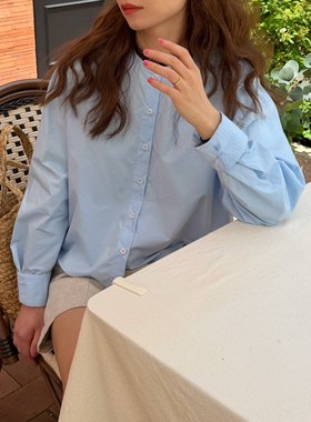 清晨的雾淡蓝复古日式小立领设计透气丝棉拼色质感衬衫上衣