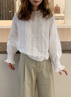 大吹女DCN春夏AW/清新减龄法式蕾丝钩花圆领套头灯笼袖白衬衫