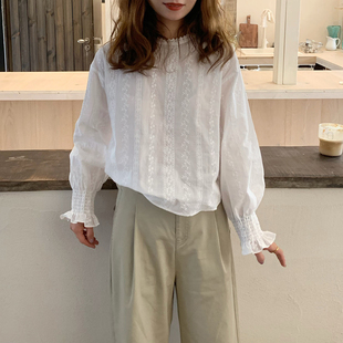 大吹女DCN春夏AW/清新减龄法式蕾丝钩花圆领套头灯笼袖白衬衫
