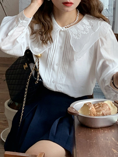 大吹女DCN/ 牧神的午后朦胧纱刺绣双层大翻领法式丝光白衬衫